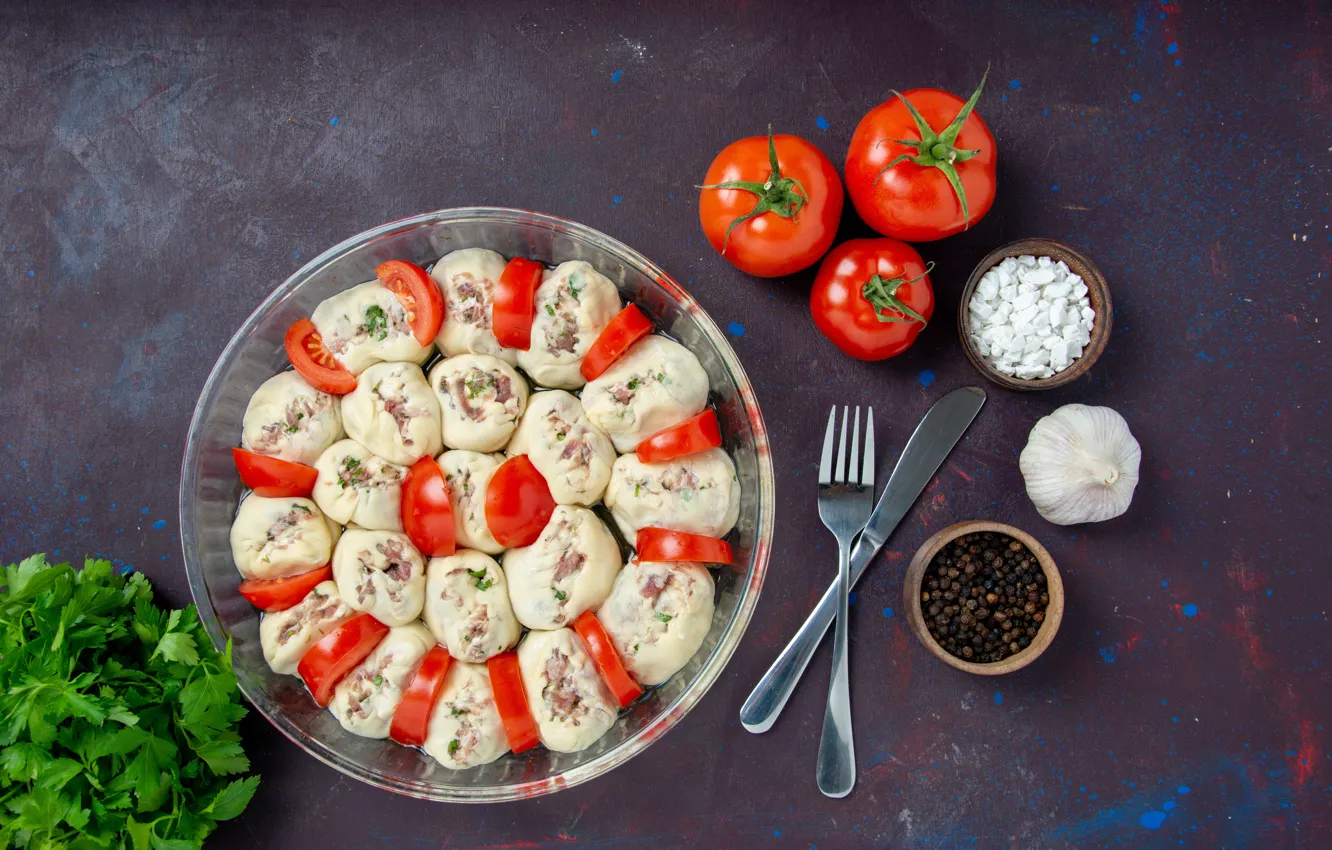 Photo wallpaper tomatoes, manta, cakes, with meat