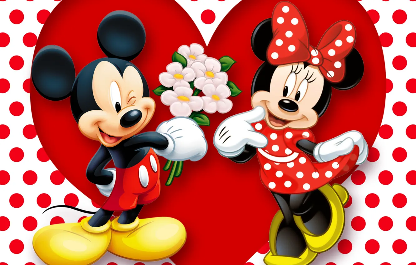 Photo wallpaper red, love, heart, cartoon, disney, romance, polka dots, minnie