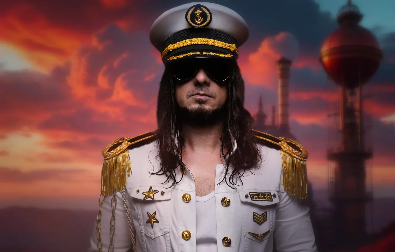 Photo wallpaper clouds, cap, long hair, patch, jacket, sunglasses, Sergii VIdov, male portrait