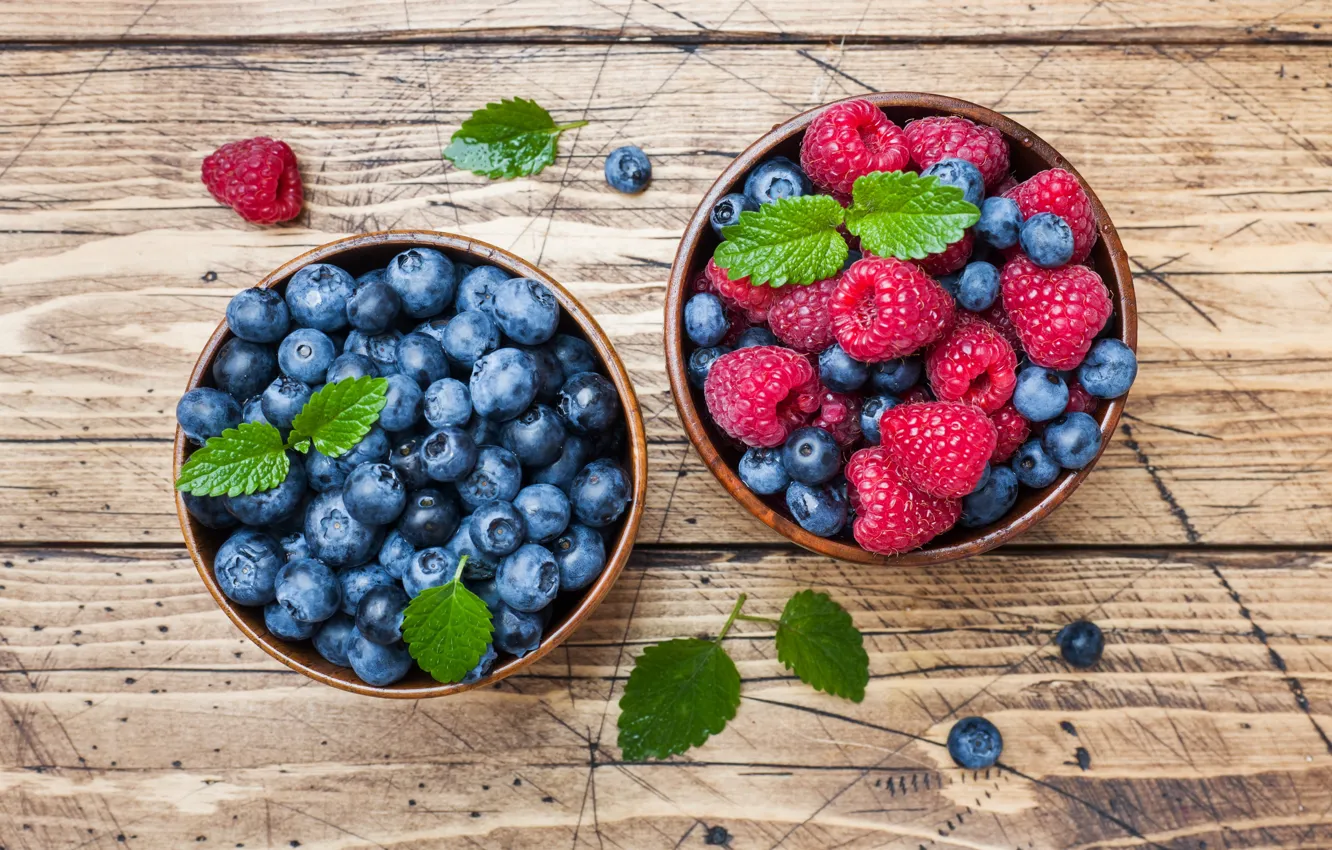 Photo wallpaper berries, raspberry, table, blueberries, bowls