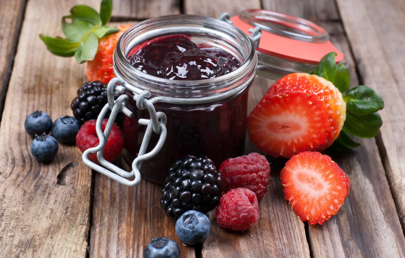 Photo wallpaper Strawberry, BlackBerry, wood, jam, Raspberry, Blueberries, Jam