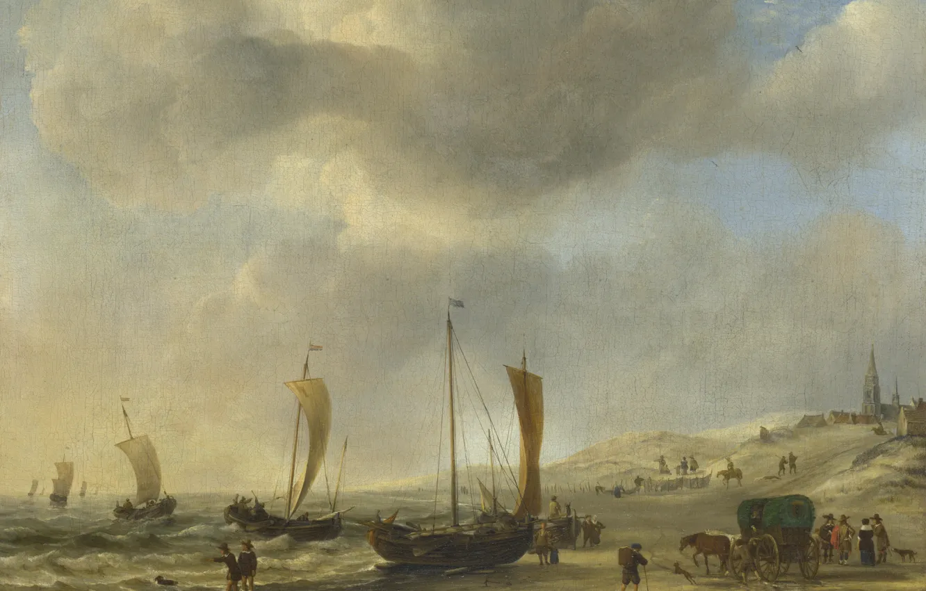 Photo wallpaper boat, picture, sail, Willem van de Velde the Younger, Beach in Scheveningen, Willem van de …