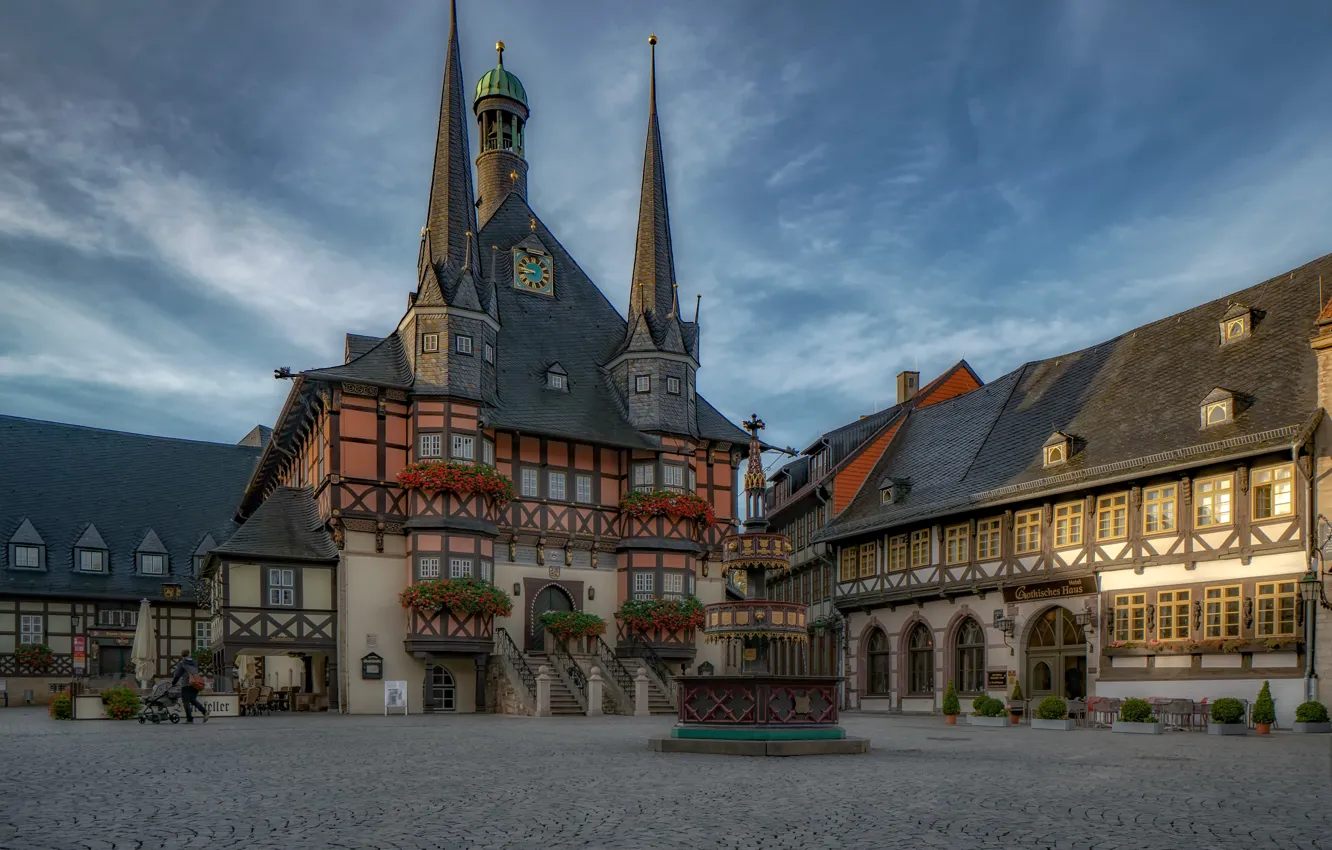 Photo wallpaper building, home, Germany, area, fountain, Germany, town hall, Saxony-Anhalt