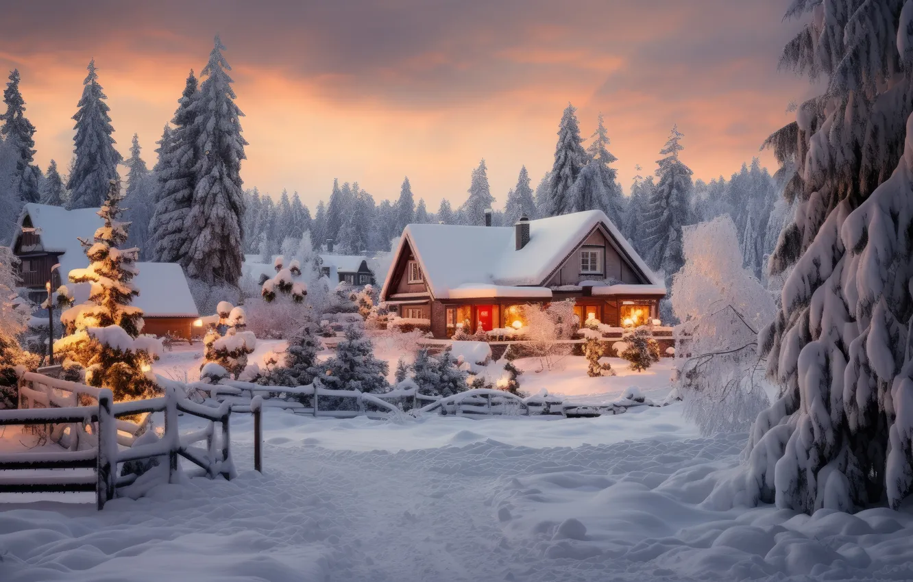 Photo wallpaper winter, snow, village, house, house, hut, winter, snow