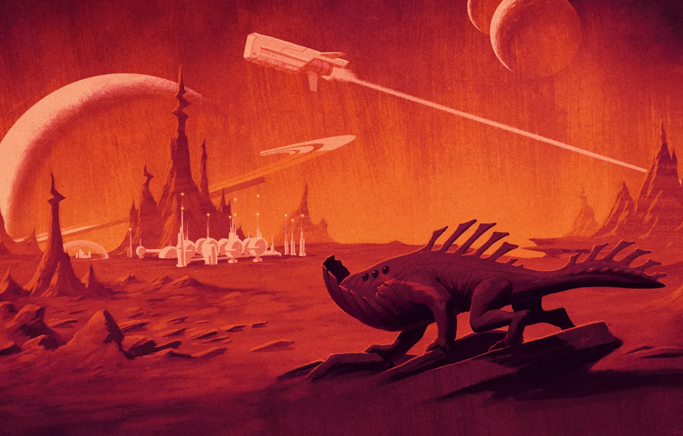Photo wallpaper sky, landscape, spaceship, planet, artwork, illustrartion