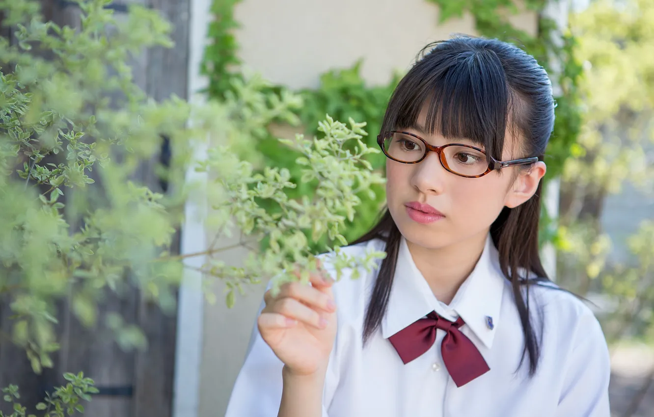 Photo wallpaper woman, model, asian, glasses, japanese, uniform, tie, outdoor