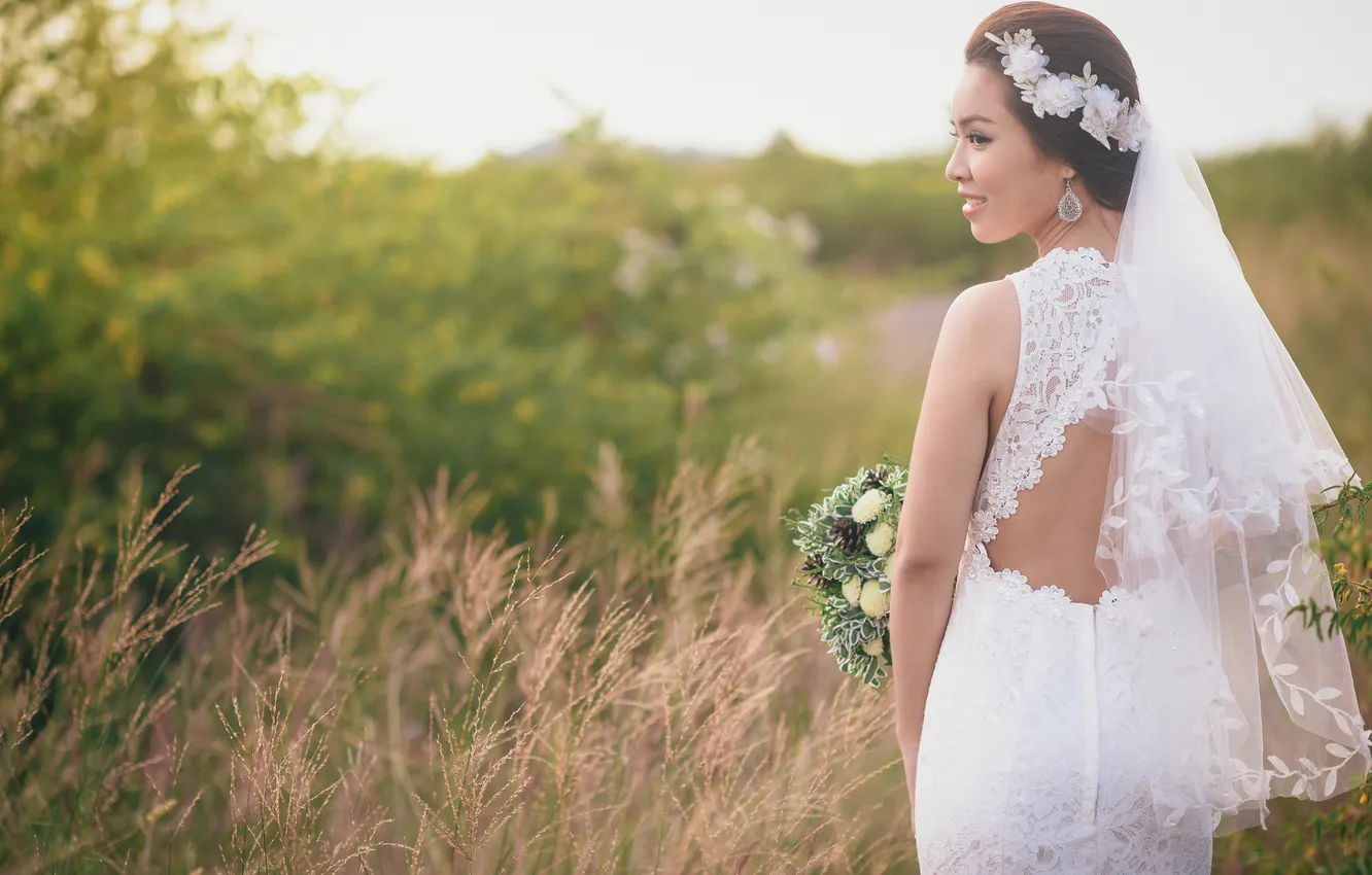 Photo wallpaper girl, back, dress, the bride, neckline
