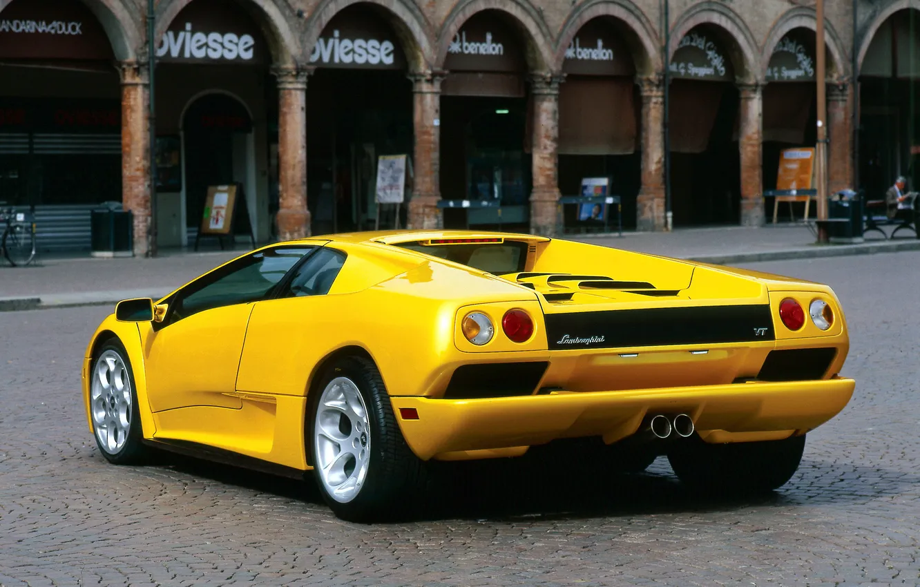 Photo wallpaper yellow, building, Lamborghini, rear view, diablo