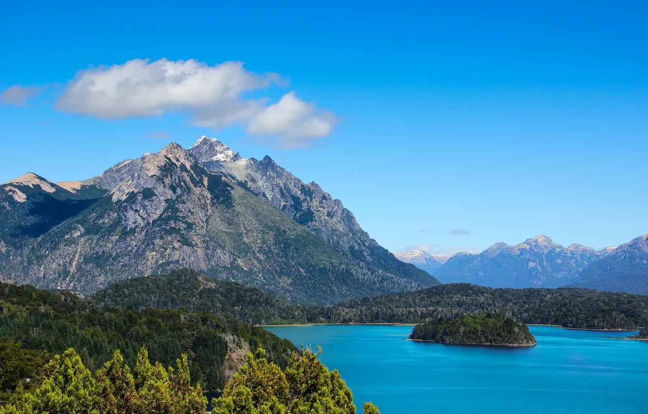 Photo wallpaper the sky, clouds, mountains, lake, island