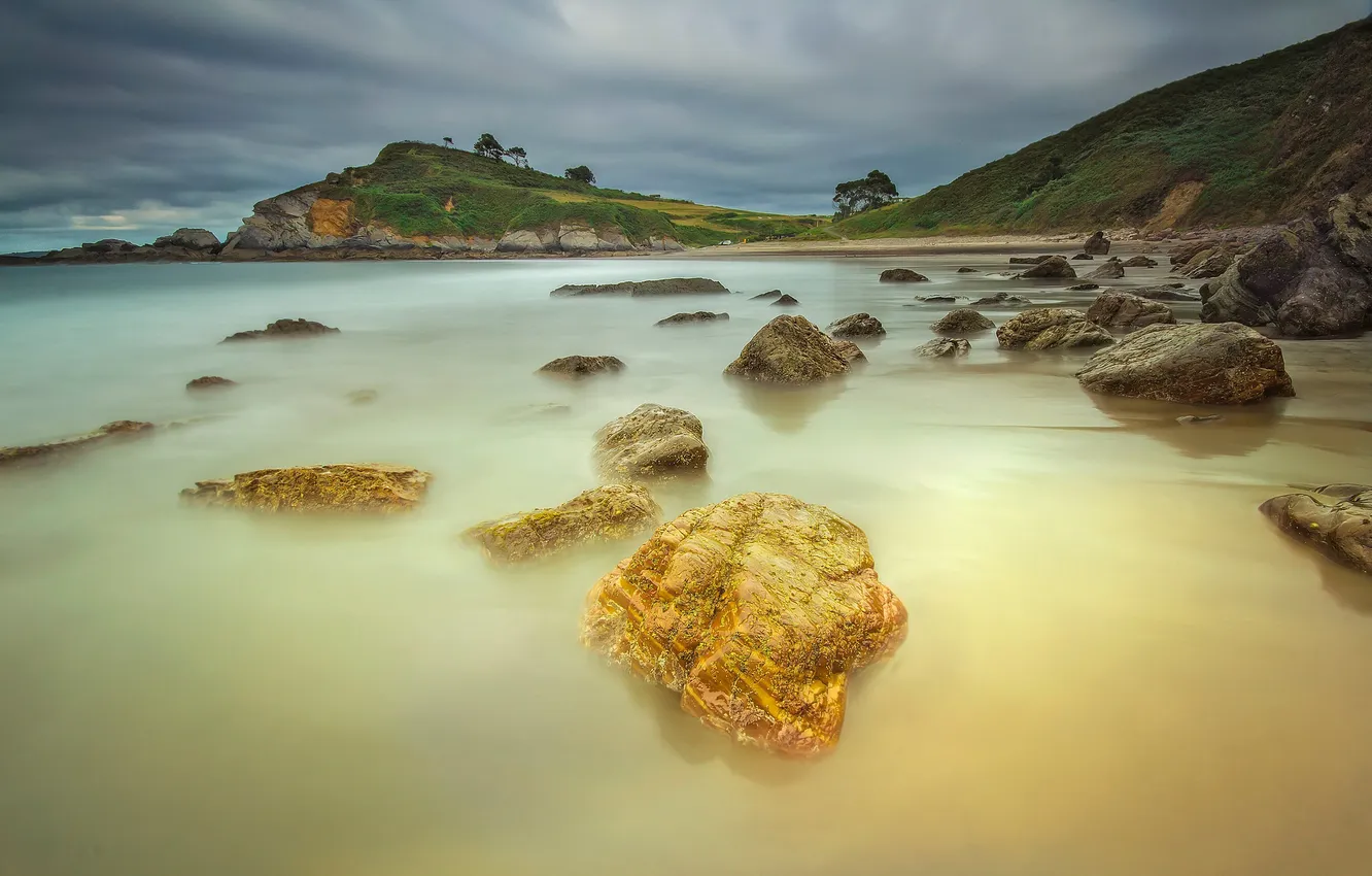 Photo wallpaper sea, the sky, clouds, trees, mountains, stones, rocks