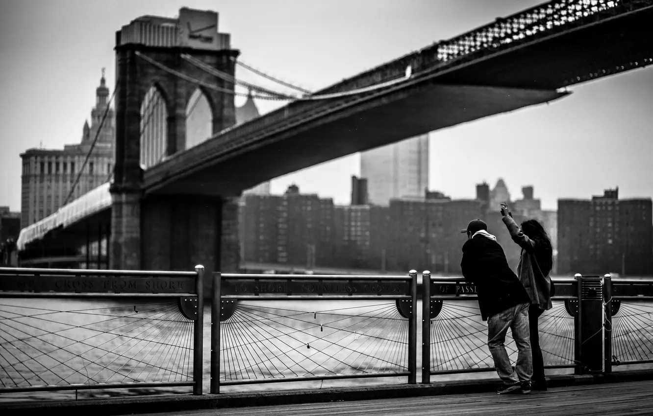 Photo wallpaper girl, bridge, the city, skyscrapers, pair, USA, USA, guy