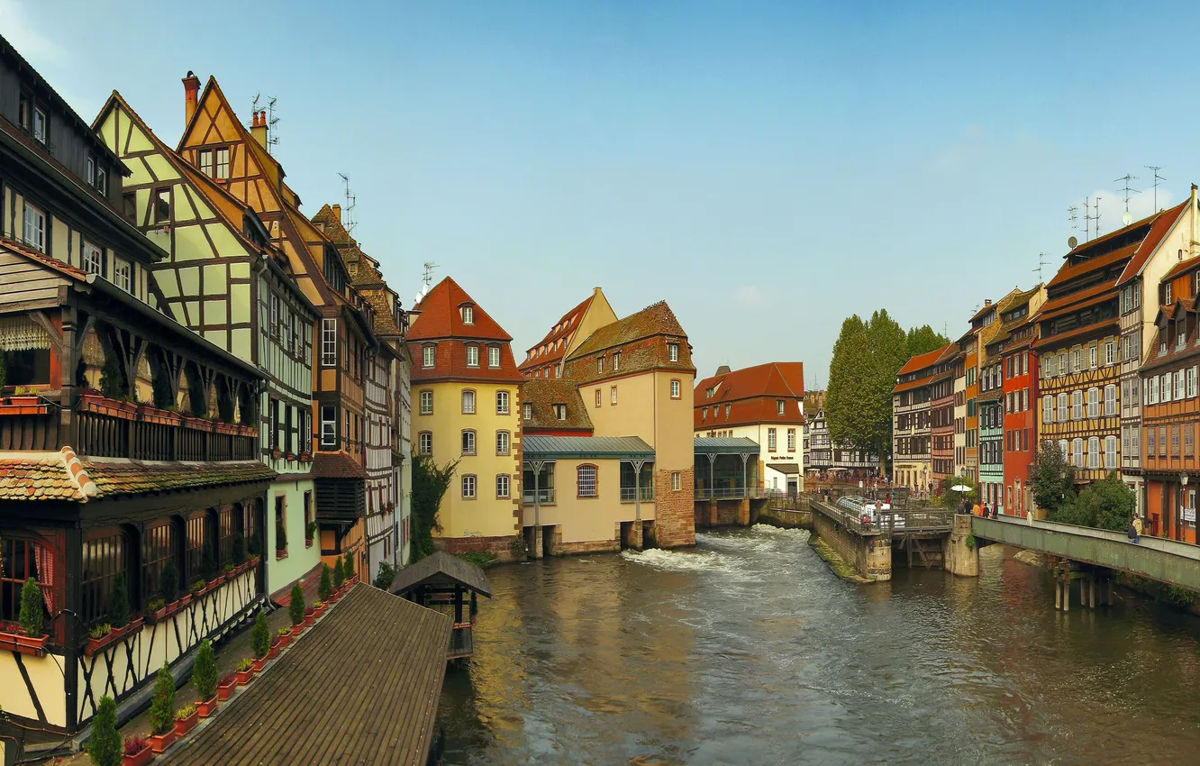 Photo wallpaper the sky, street, France, people, home, channel, the bridge, Strasbourg
