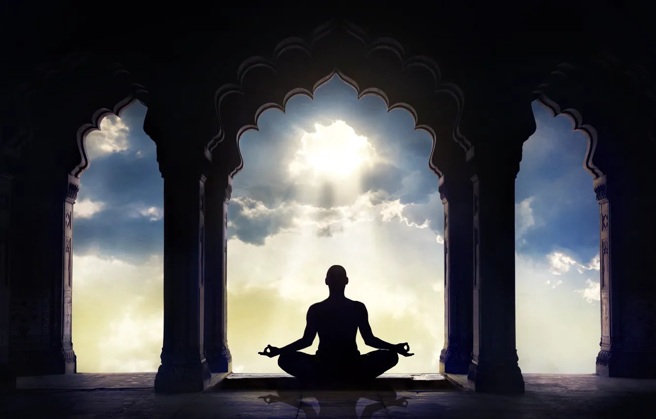 Photo wallpaper shadows, monk, person, meditation, Buddhism