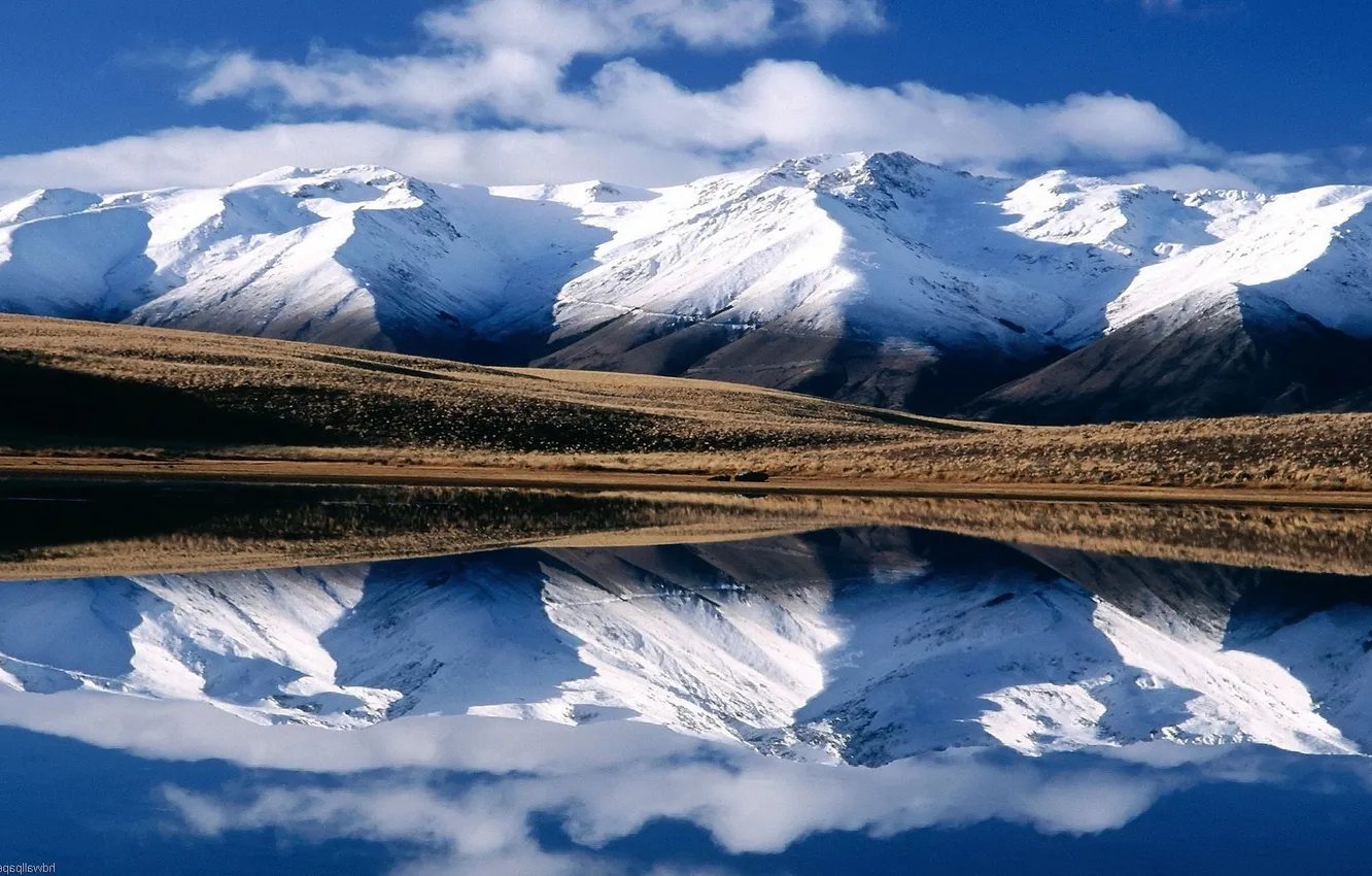 Photo wallpaper clouds, lake, hill