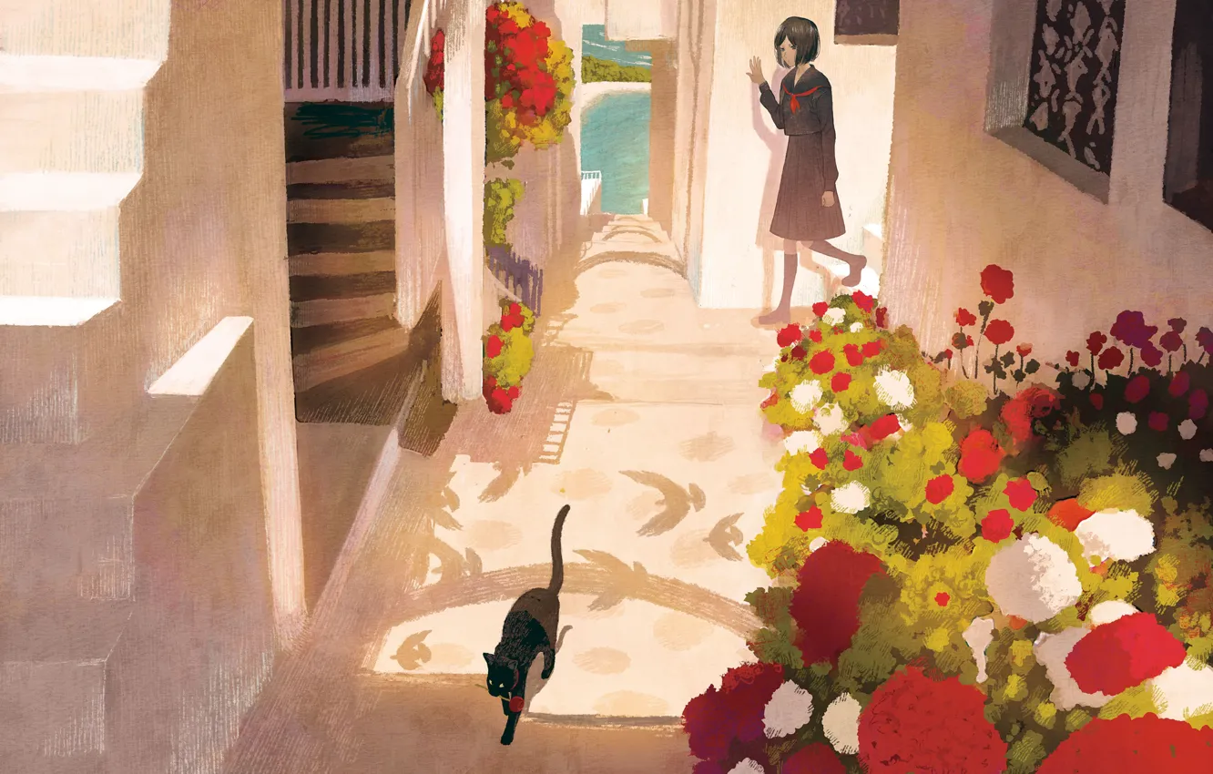 Photo wallpaper cat, girl, flowers, corridor