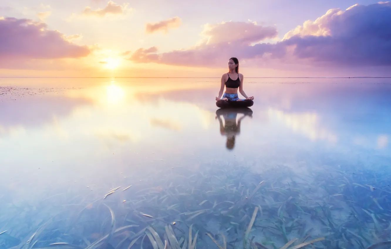 Photo wallpaper water, girl, algae, reflection, sunrise, the ocean, dawn, Bali