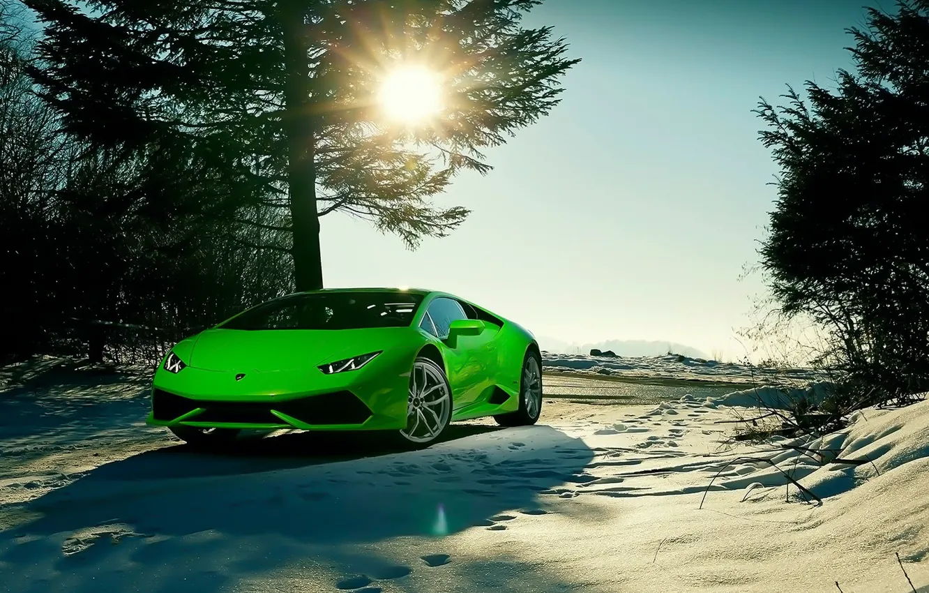 Photo wallpaper Lamborghini, Sky, Green, Front, Sun, Color, Snow, Beauty