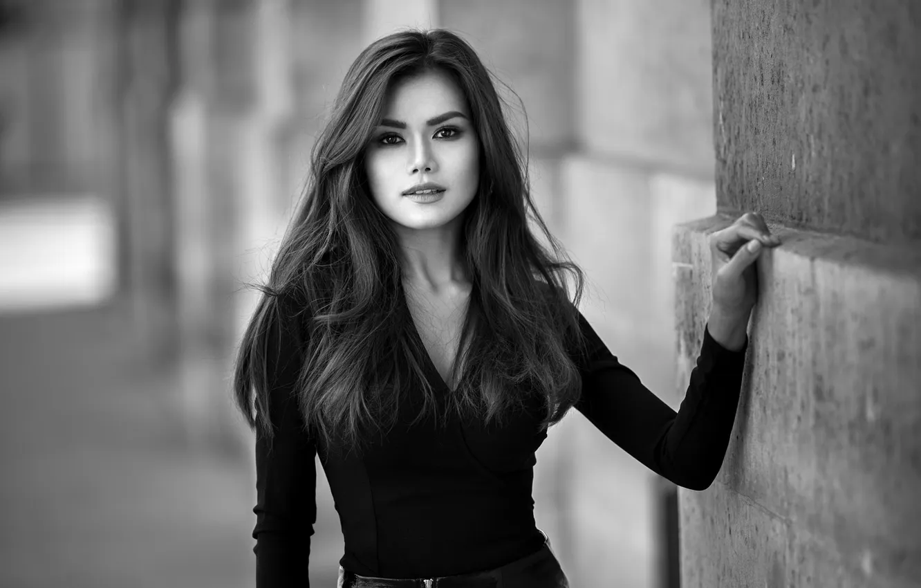 Photo wallpaper look, pose, model, portrait, makeup, hairstyle, black and white, beauty