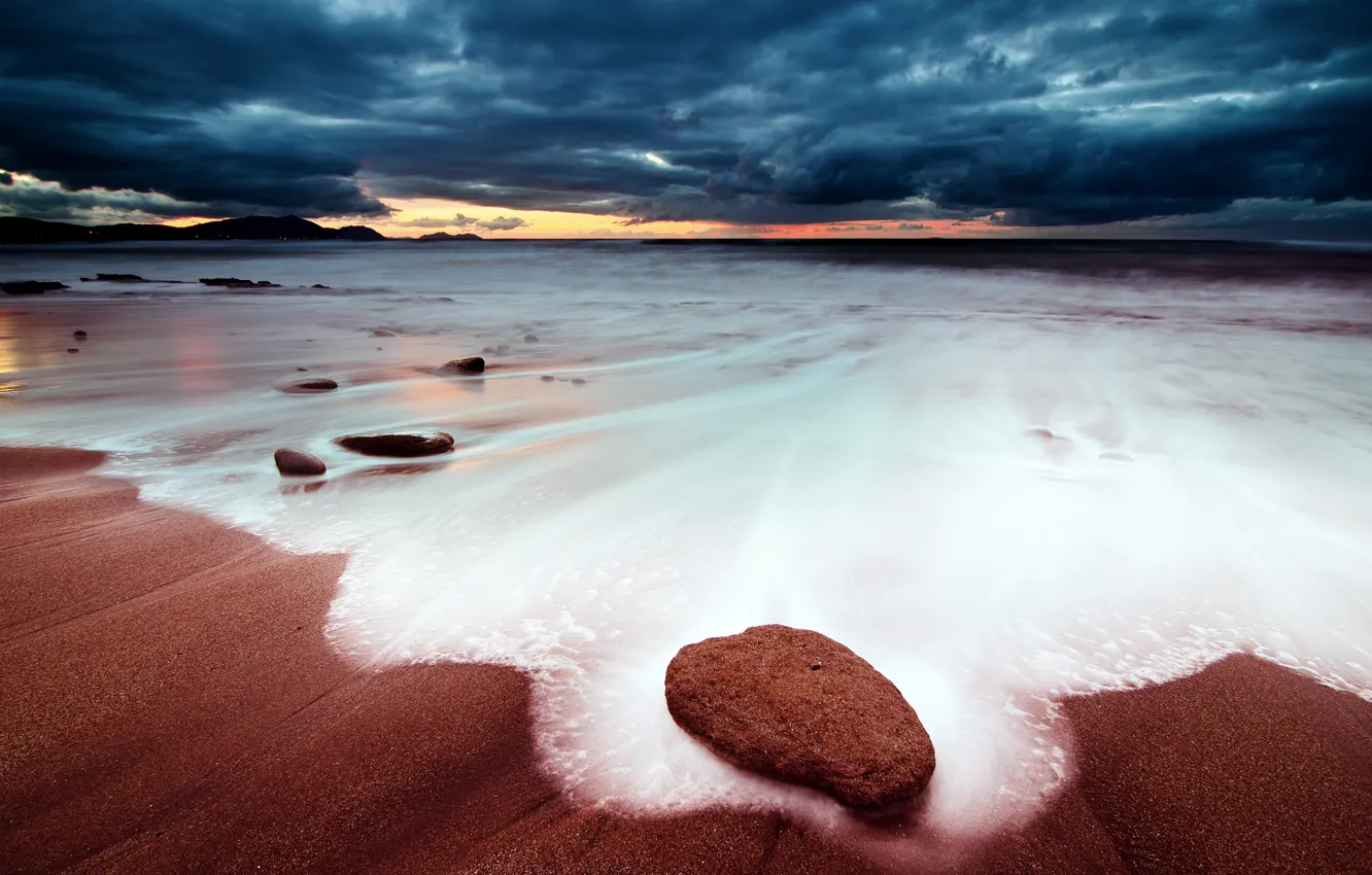 Photo wallpaper sand, sea, beach, the sky, foam, sunset, clouds, stone