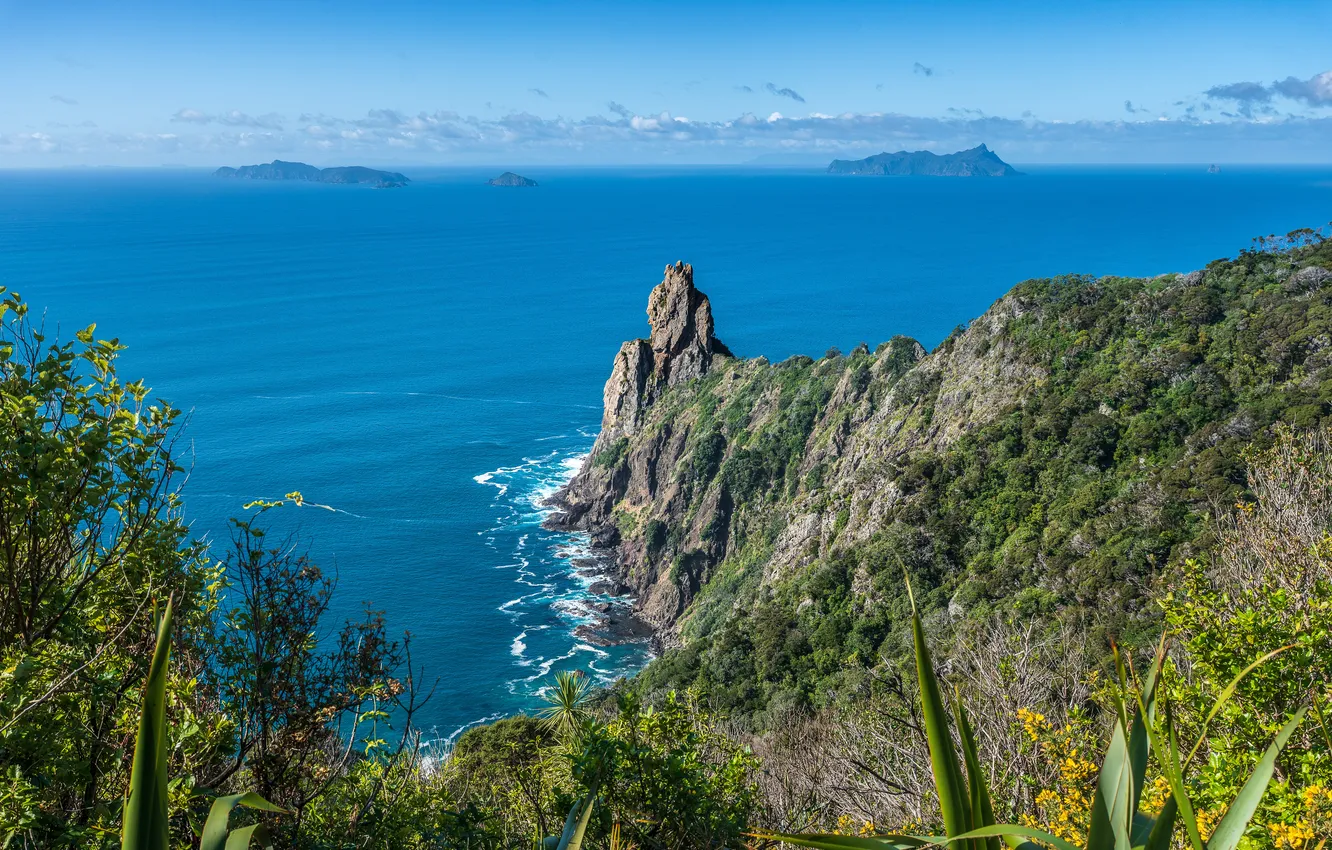 Photo wallpaper the ocean, rocks, coast, New Zealand