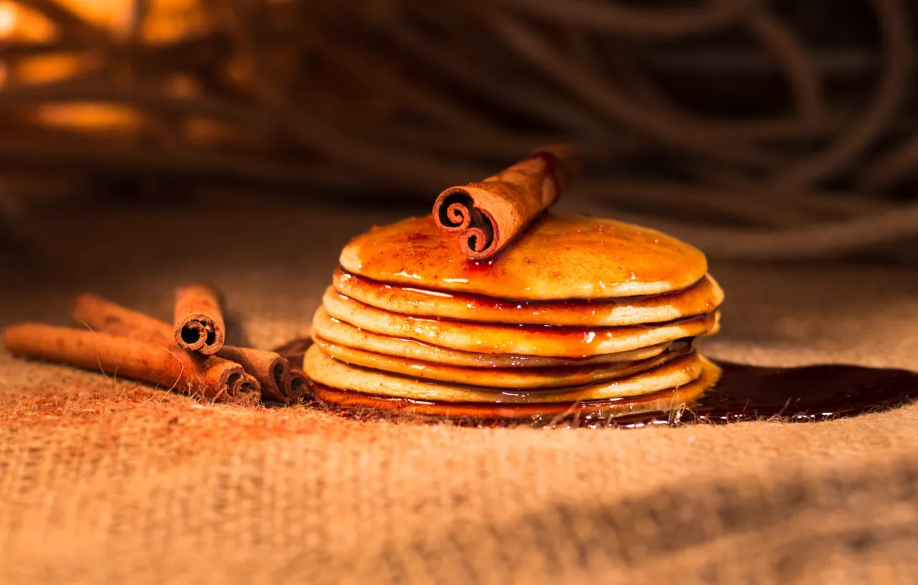 Photo wallpaper table, stack, cinnamon, cakes, syrup, pancakes, pancake