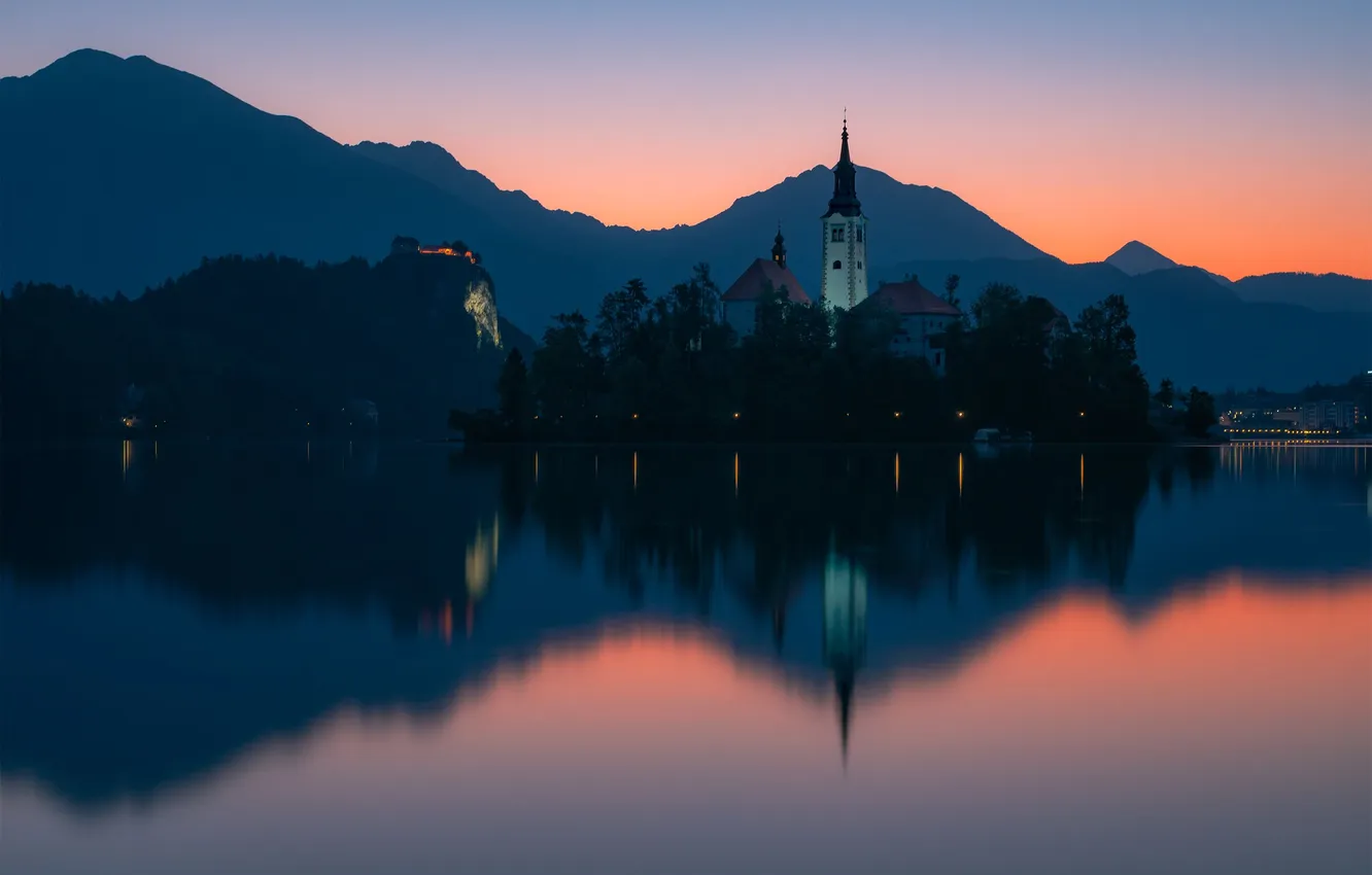 Photo wallpaper landscape, reflection, dawn, island, morning, Church, architecture, lake bled