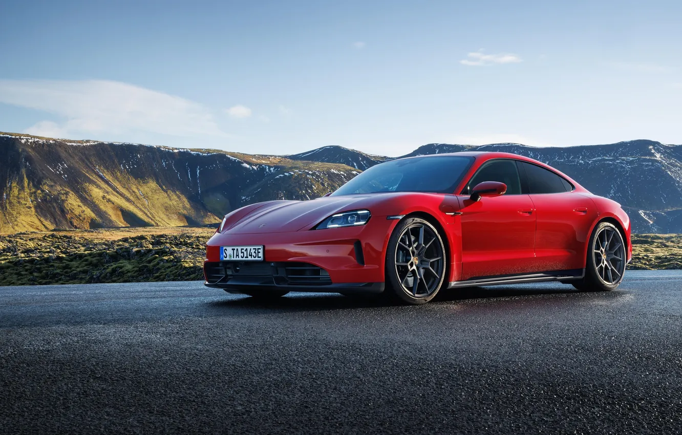 Photo wallpaper Porsche, red, road, mountain, Taycan, Porsche Taycan