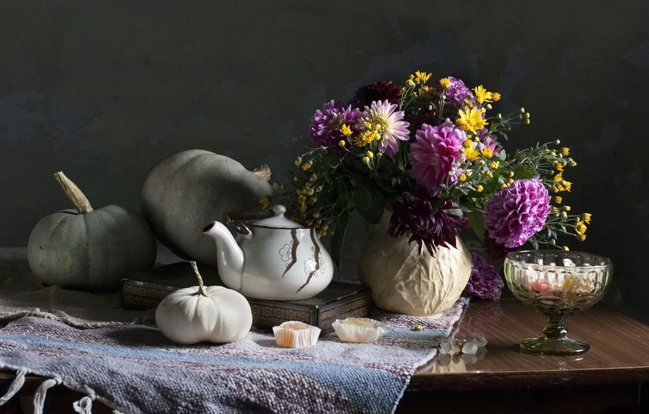 Photo wallpaper flowers, bouquet, kettle, pumpkin, book, vase, still life, marmalade
