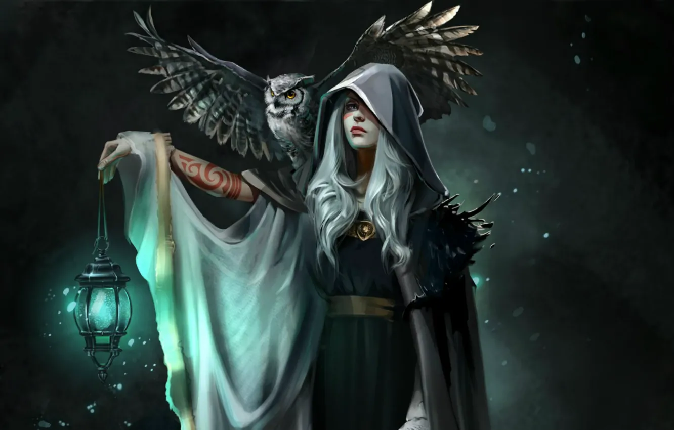 Photo wallpaper night, owl, wings, tattoo, lights, hood, witch, cloak