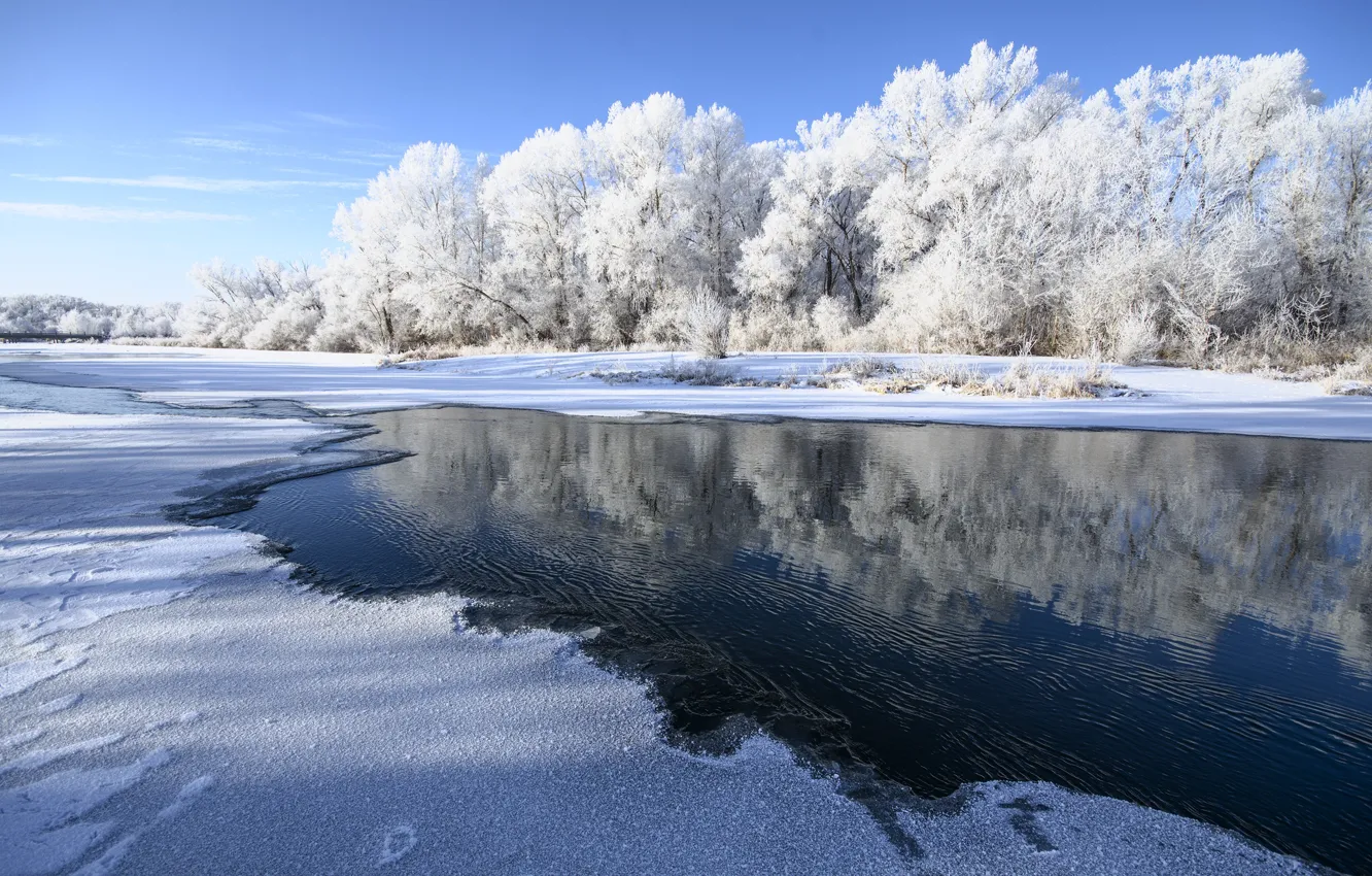 Photo wallpaper winter, frost, the sky, water, snow, river, Orenburzhye