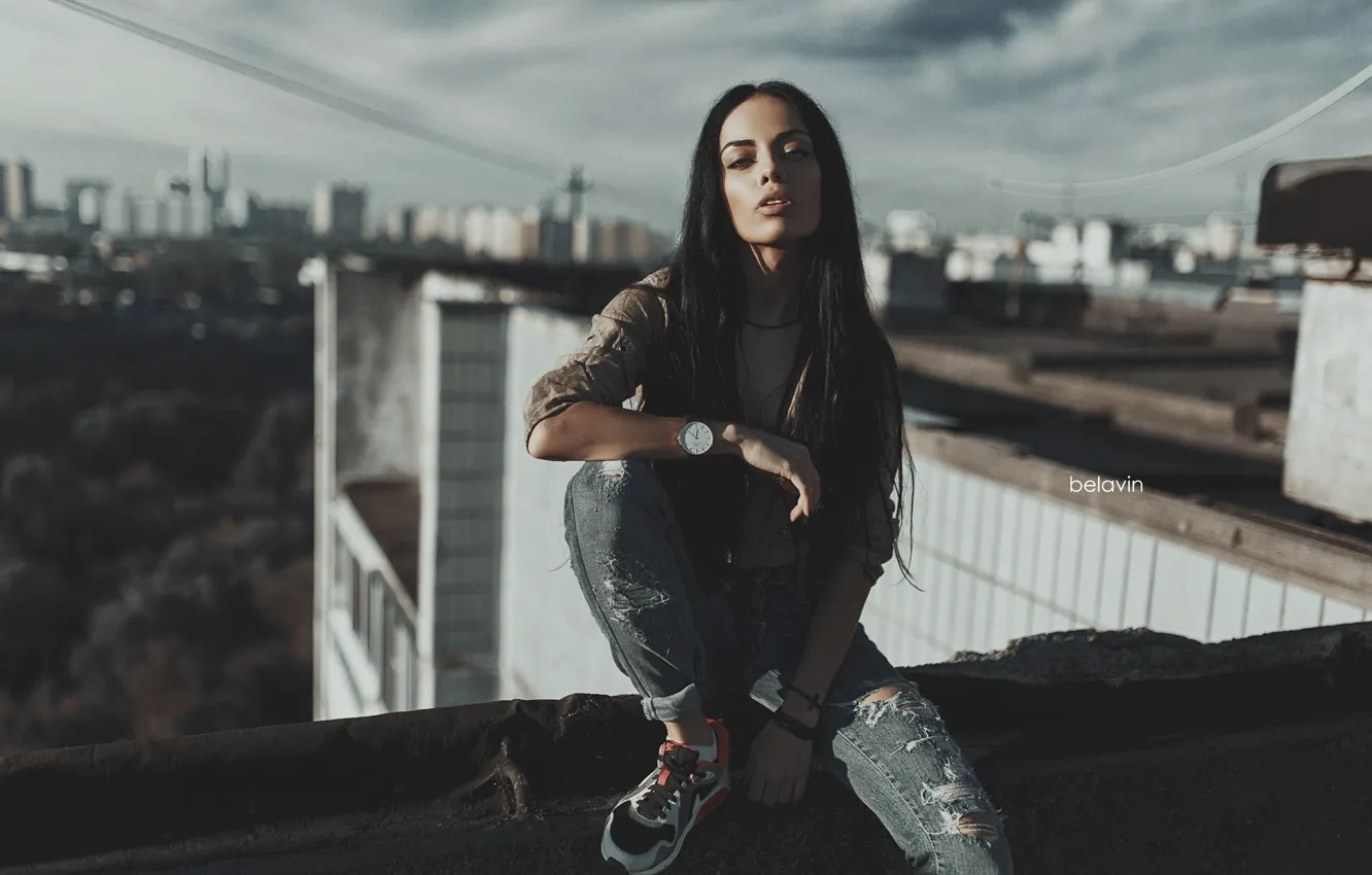 Photo wallpaper look, girl, pose, watch, jeans, long hair, sneakers, on the roof