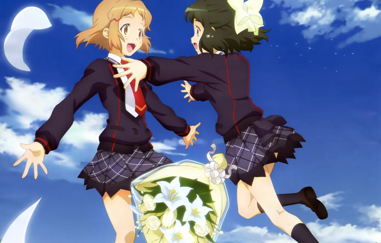 Photo wallpaper the sky, girl, clouds, joy, flowers, nature, bouquet, anime