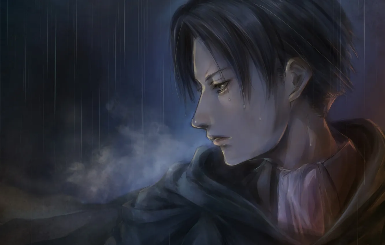 Photo wallpaper look, rain, calm, soldiers, guy, art, Shingeki no Kyojin, Rivaille