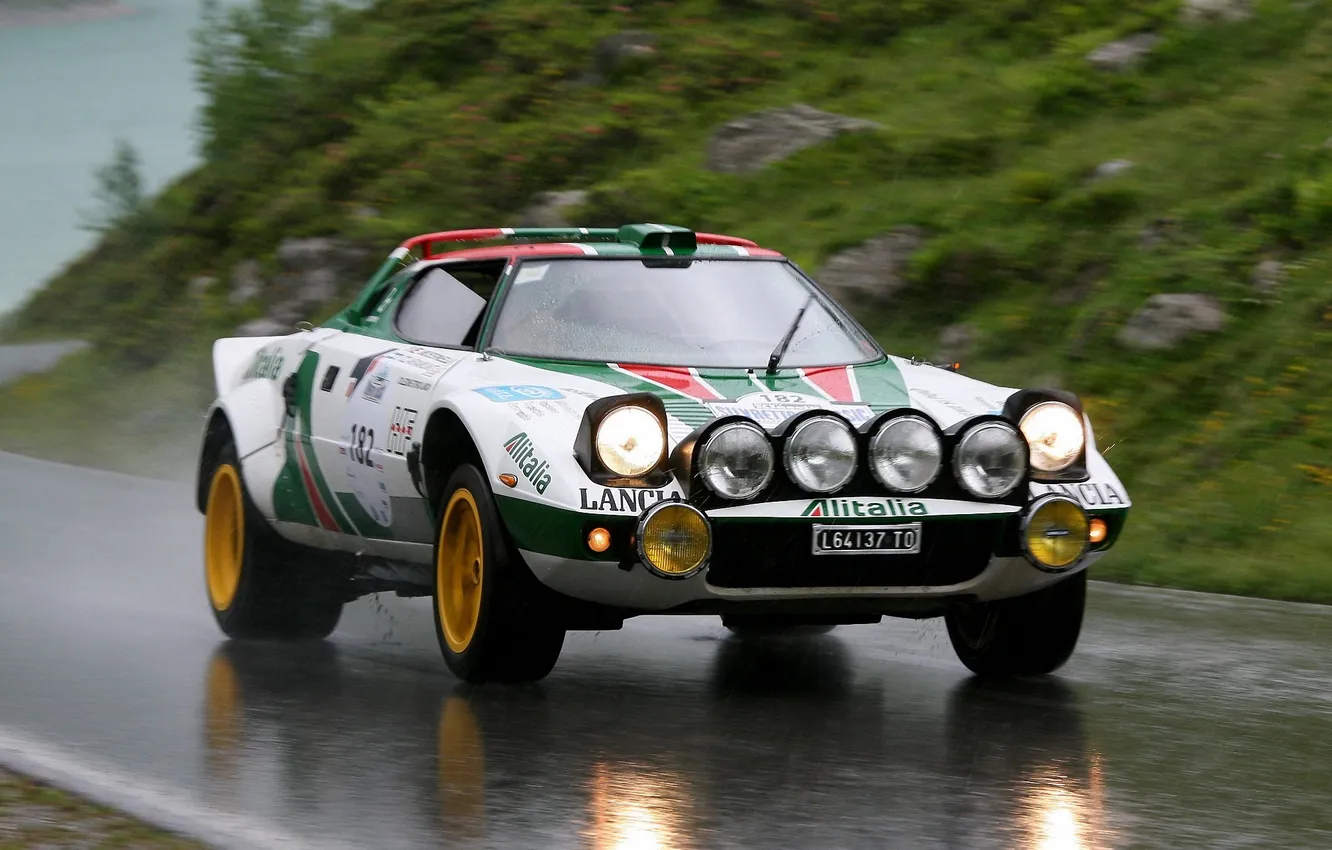 Photo wallpaper road, car, rain, Lancia, Rally, Stratos, Motorsport legend