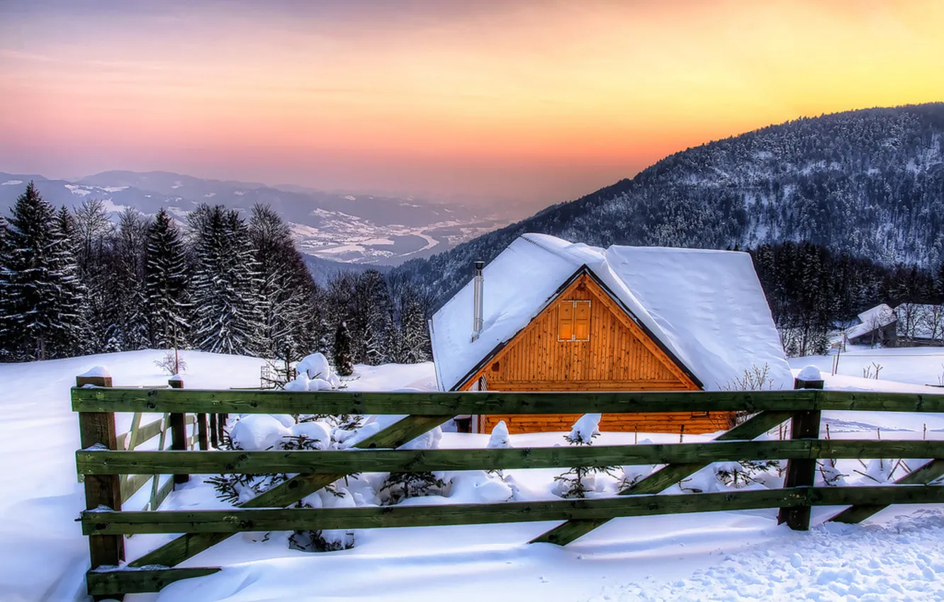 Photo wallpaper house, view, colors, Snow, hdr, house, hut, forest