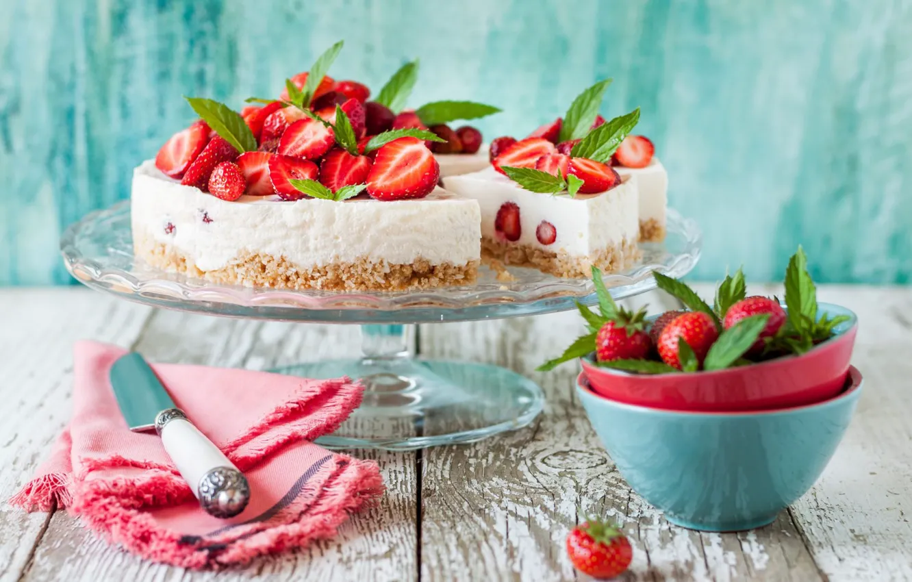 Photo wallpaper strawberry, mint, cheese, cheesecake
