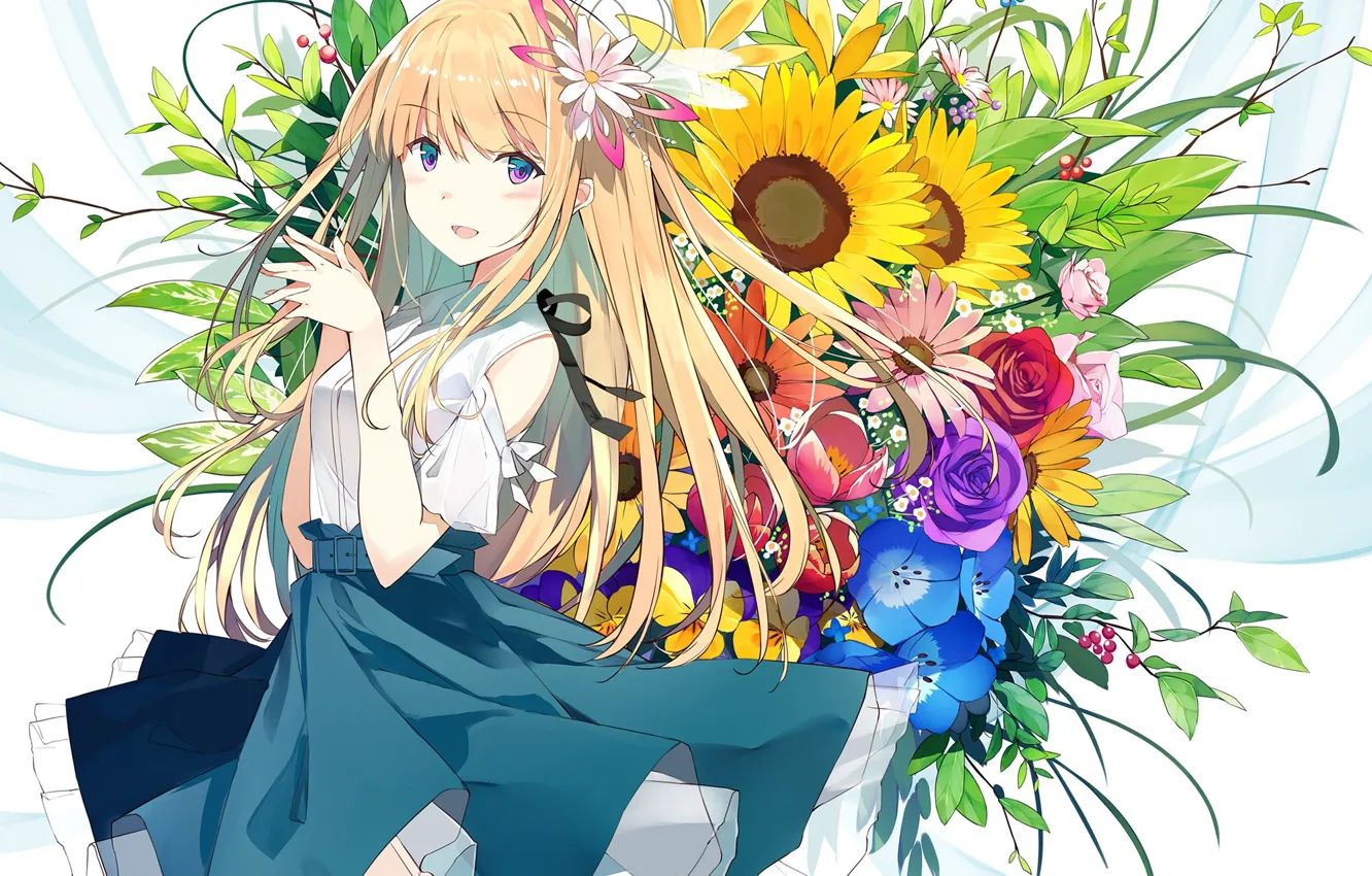 Photo wallpaper sunflowers, flowers, bouquet, girl