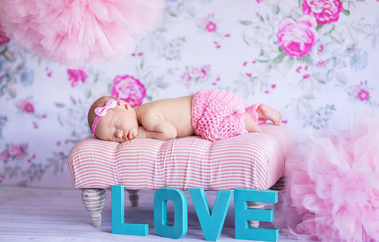 Photo wallpaper pink, sleep, sleeping, girl, baby, pants, Konrad Look