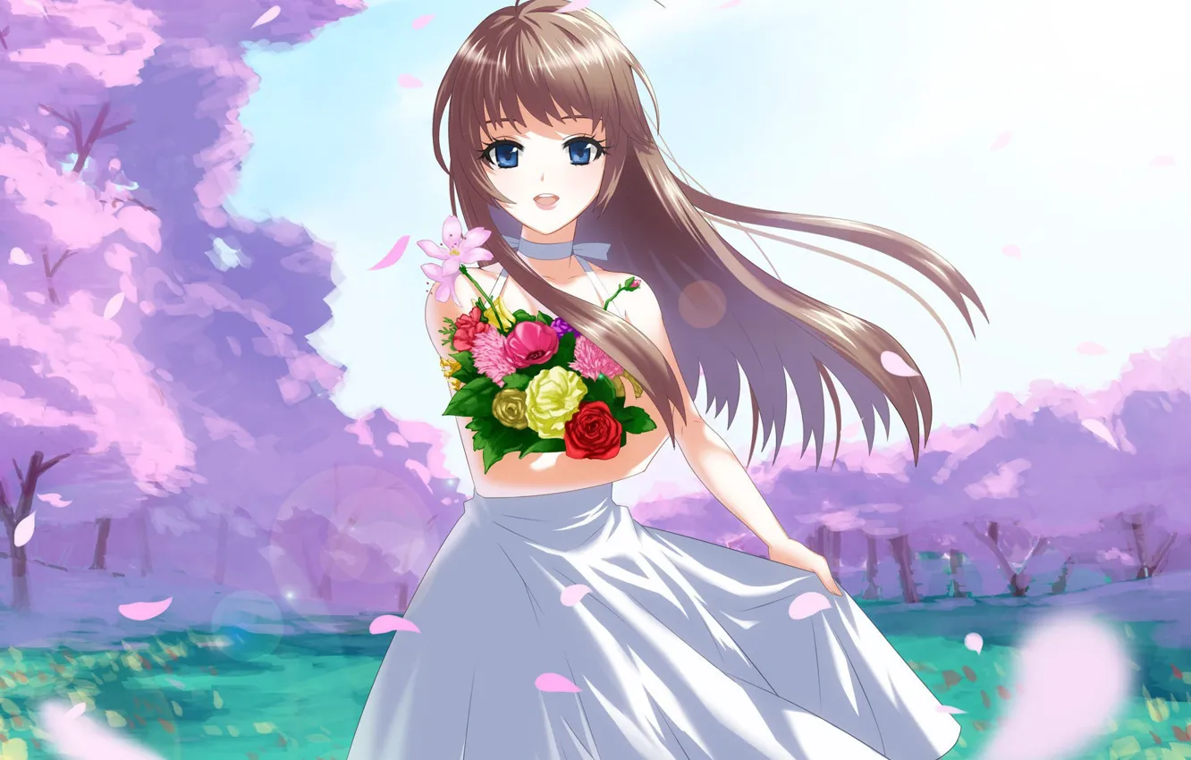 Photo wallpaper smile, the wind, glade, bouquet, petals, girl, blue eyes, flowering
