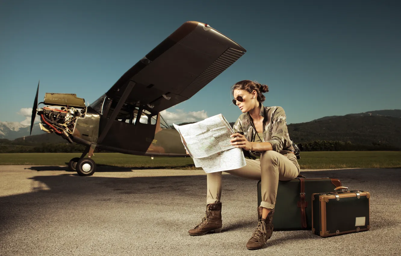 Photo wallpaper map, Girl, the plane, suitcases