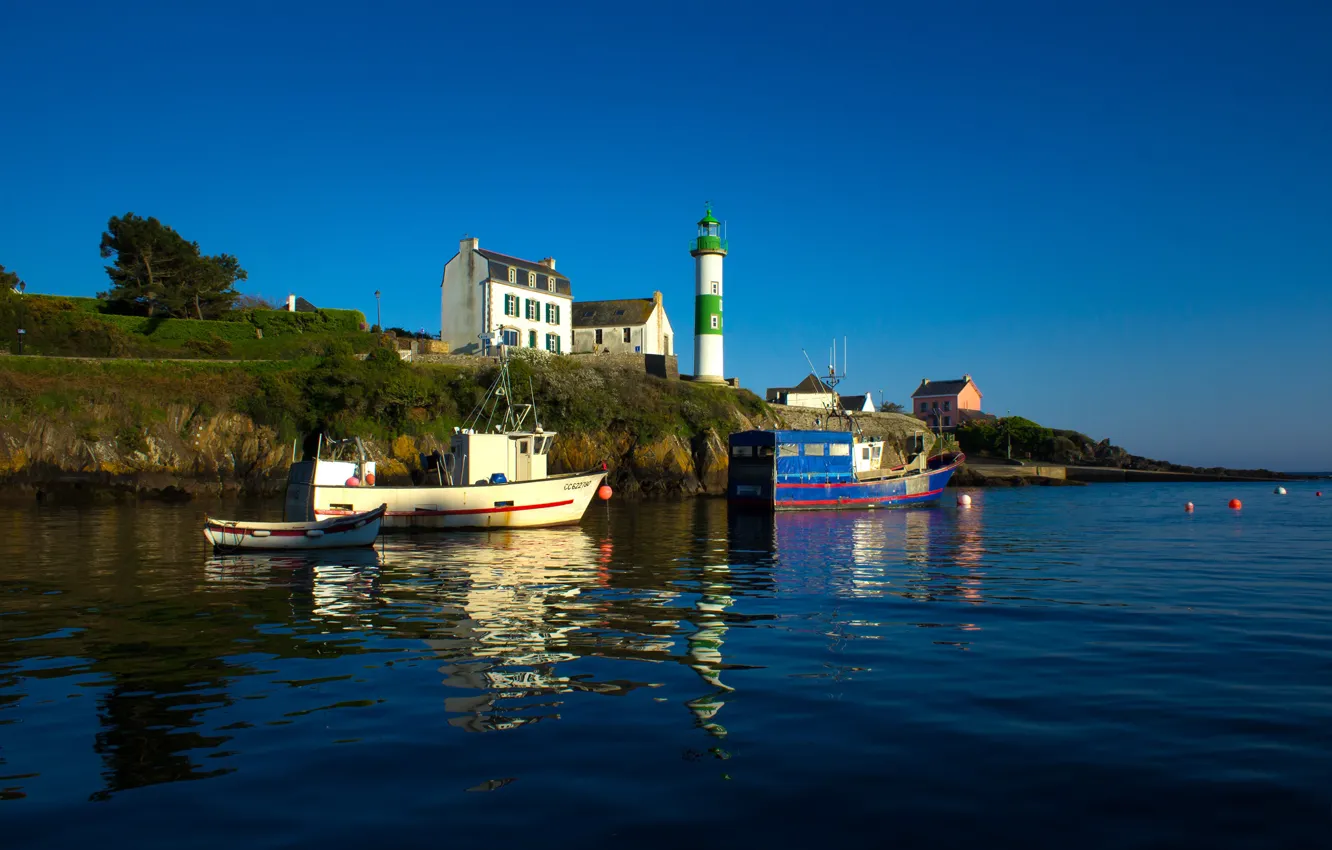 Photo wallpaper sea, the sky, the sun, trees, coast, boat, France, lighthouse