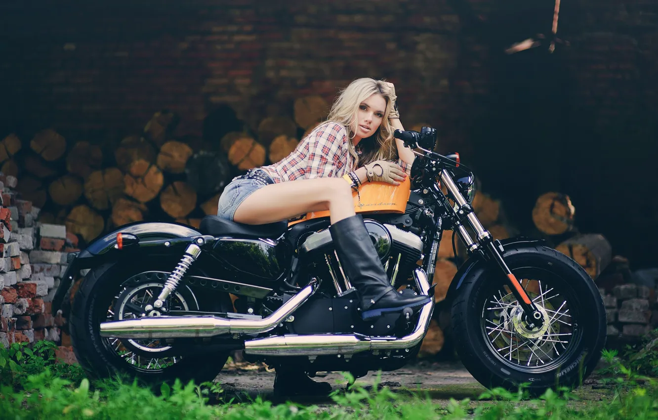 Photo wallpaper girl, Harley, motorcycle, Harley Davidson, bike, photo, boots, Maxim Gurtovoy
