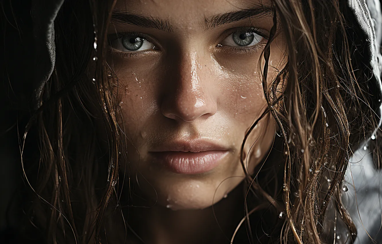Photo wallpaper sadness, girl, drops, face, rain, portrait, wet, hood
