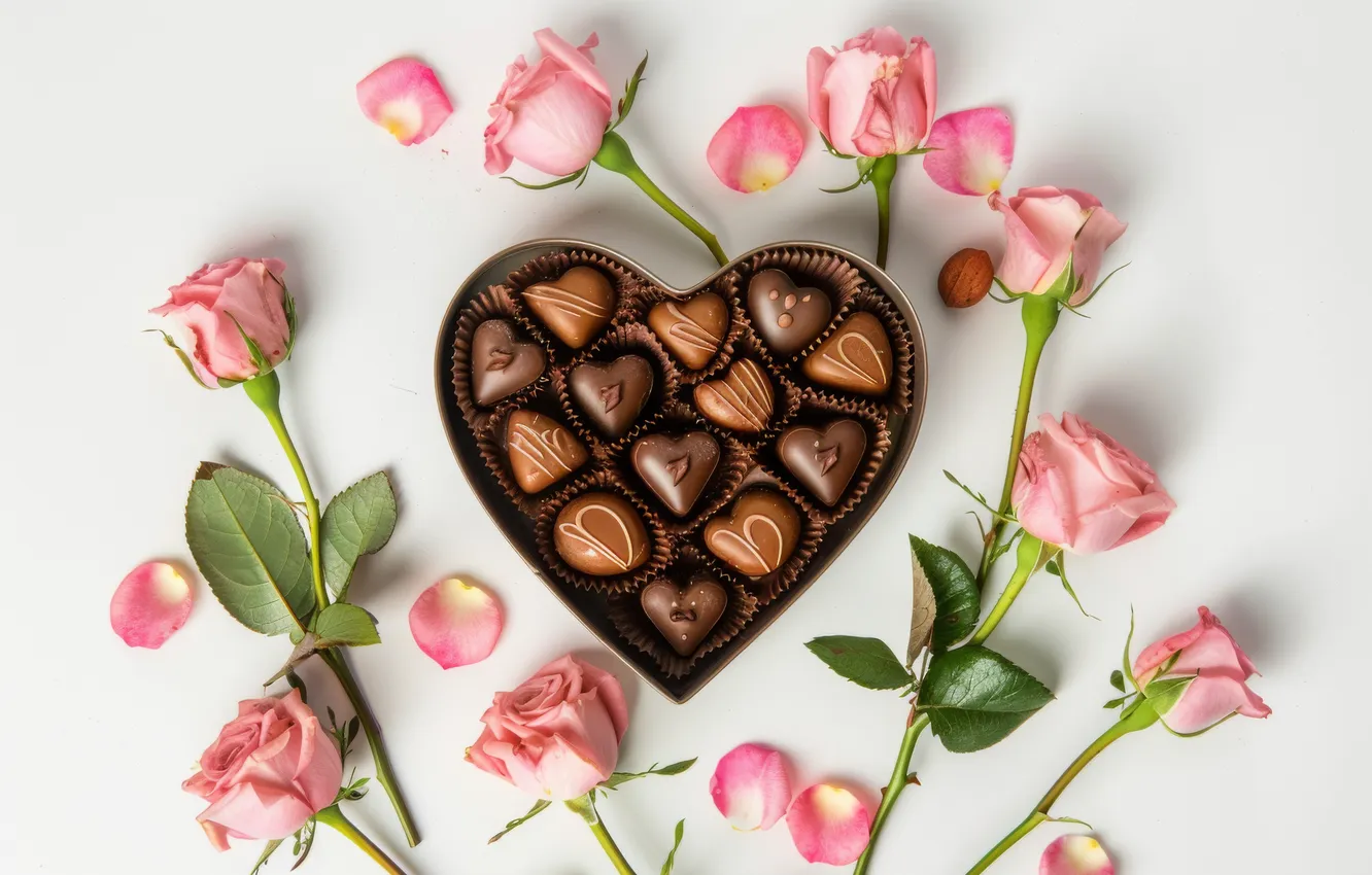 Photo wallpaper love, flowers, holiday, heart, roses, petals, stem, hearts