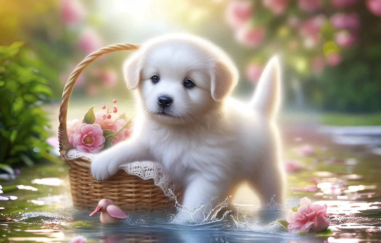 Photo wallpaper white, look, water, light, flowers, pose, sweetheart, toy