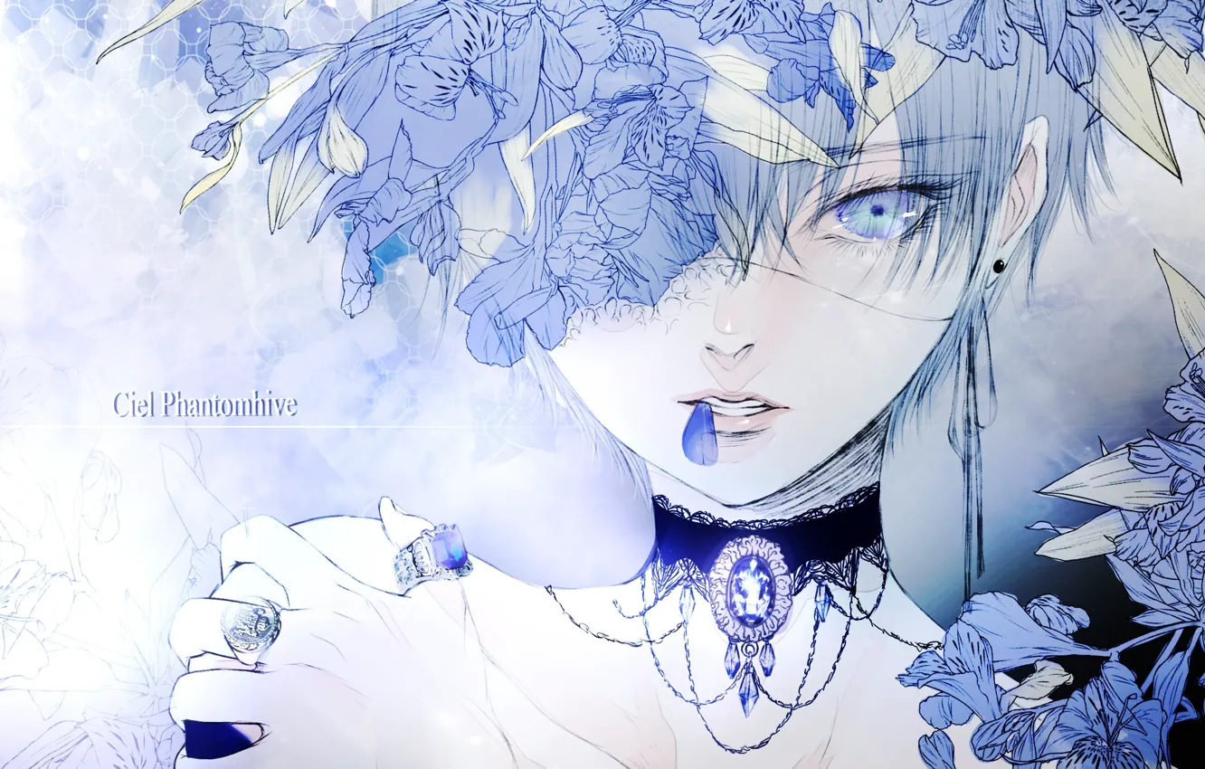 Photo wallpaper flowers, face, guy, Ciel, Kuroshitsuji, Ciel Phantomhive, Dark Butler