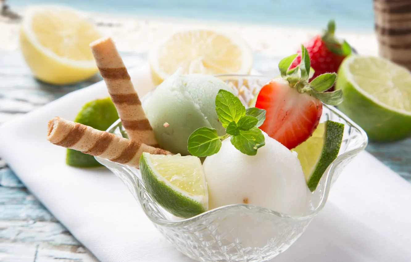 Photo wallpaper sea, summer, sticks, strawberry, ice cream, lime