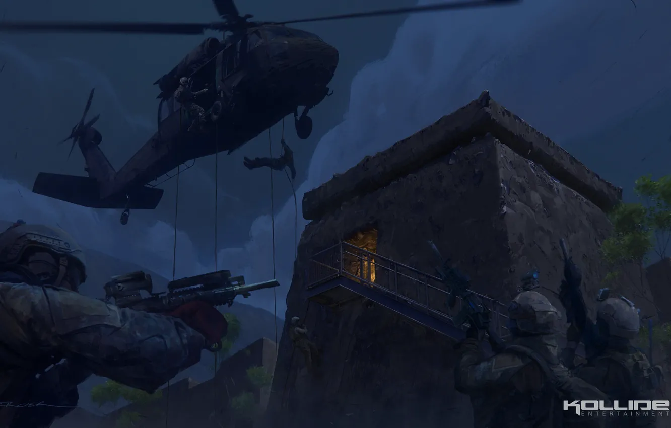 Photo wallpaper the descent, soldiers, helicopter, operation, Midnight operations