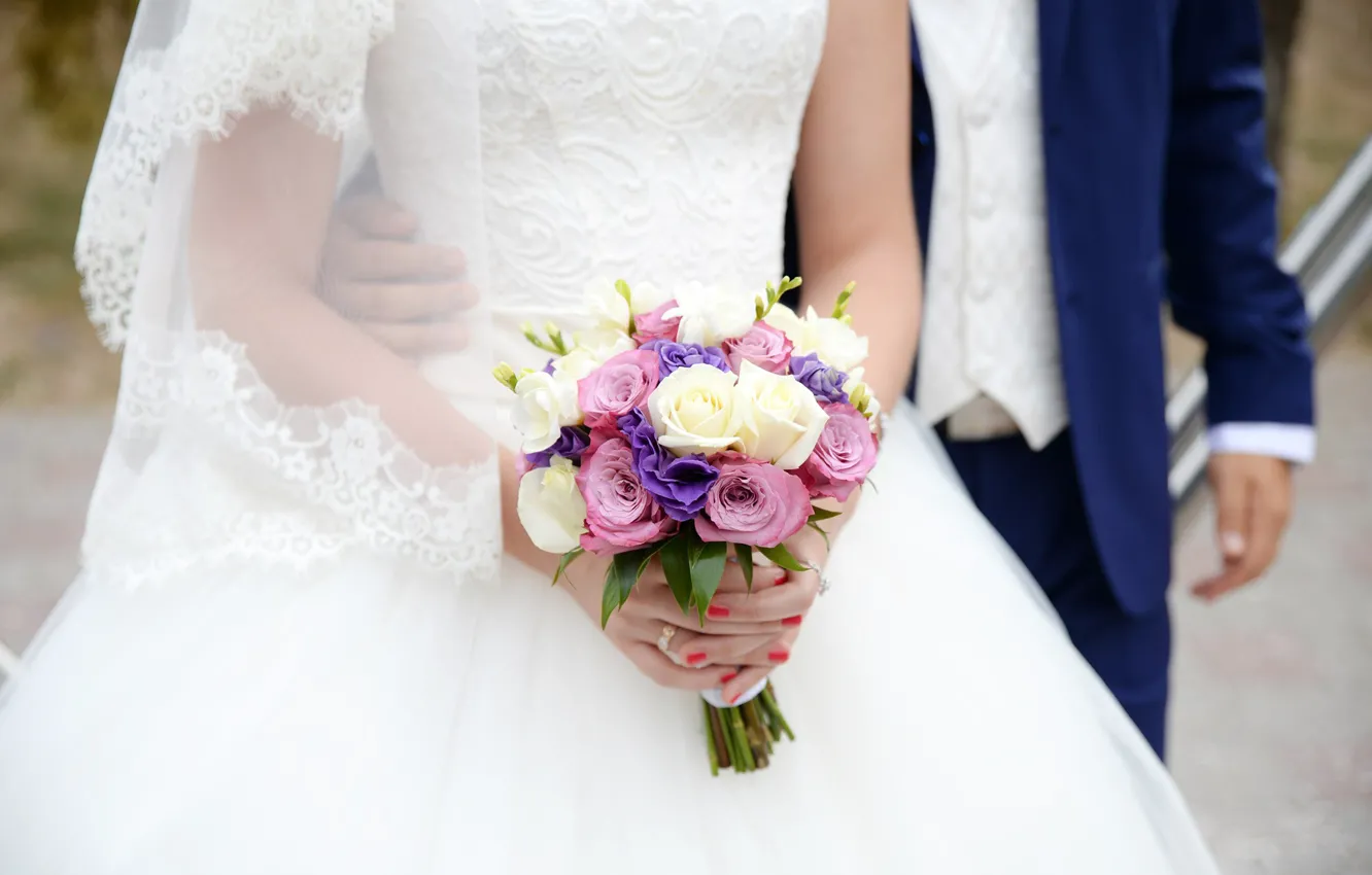Photo wallpaper roses, bouquet, dress, the bride, wedding