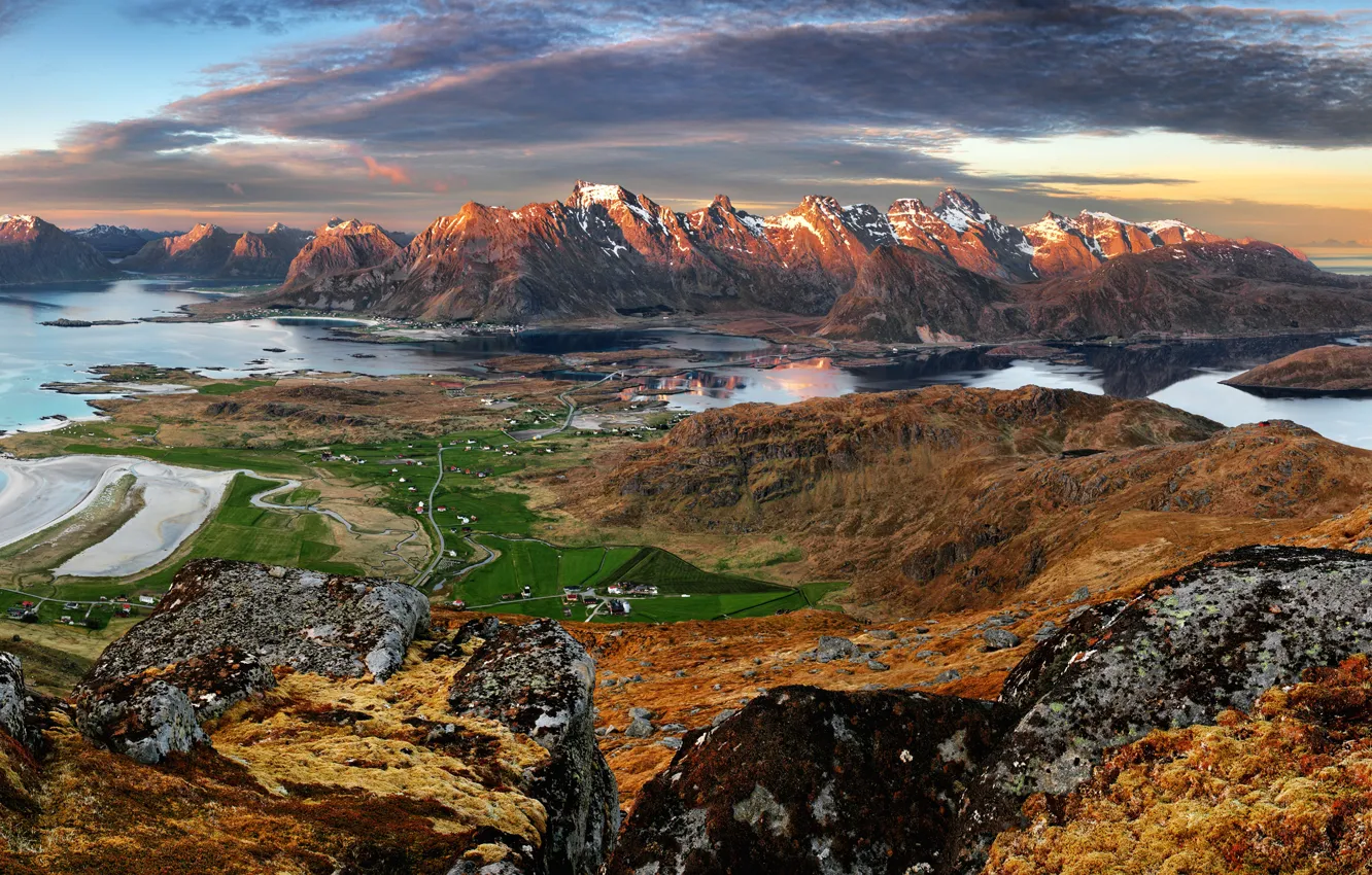 Photo wallpaper sea, the sky, the sun, clouds, mountains, stones, rocks, height